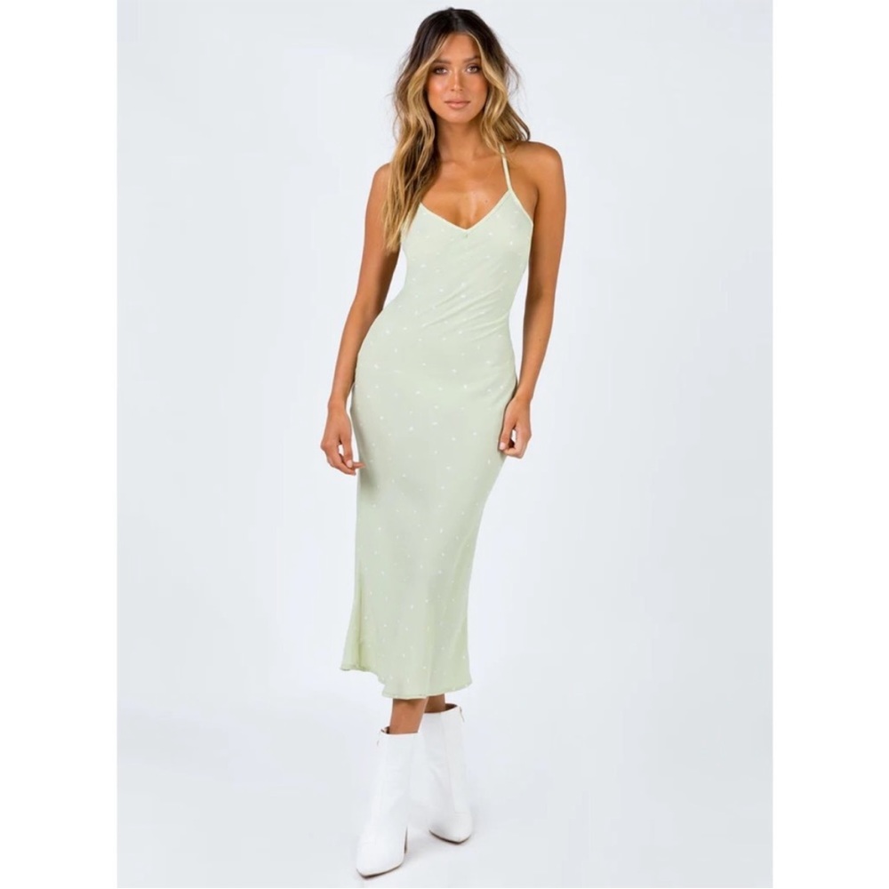 Princess Polly On Cloud Green & White Polka Dot Lace Up Backless Midi Dress